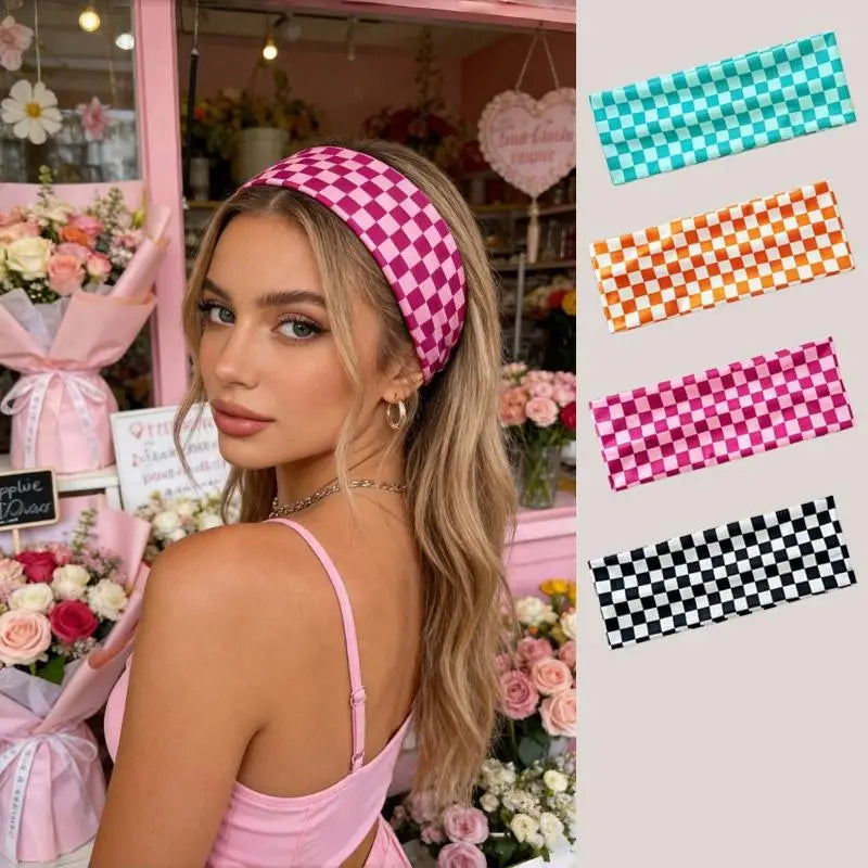 1PC Checkerboard Elastic Headbands For Women Fashionable Sports Sweat-Absorbent Hairbands For Yoga Fitness & Daily Makeup Use Oasis Select