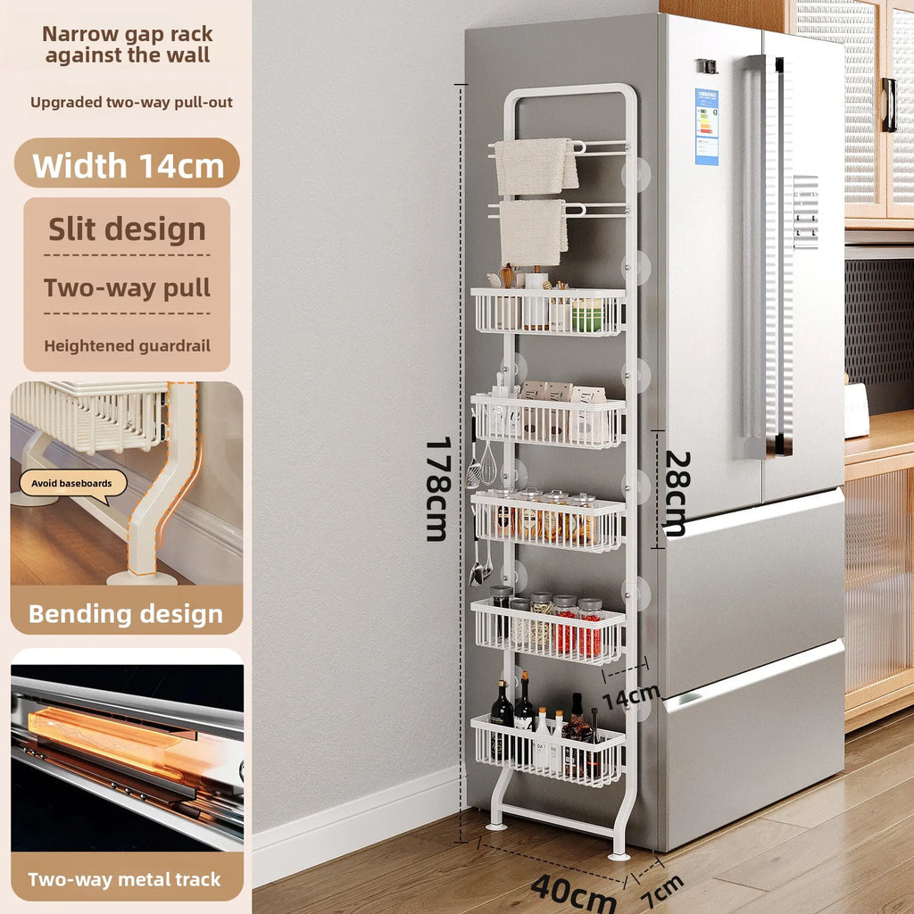 Kitchen refrigerator side storage rack, two-way pull-out crack storage rack, multi-functional narrow-side floor seasoning rack Oasis Select White seven layers