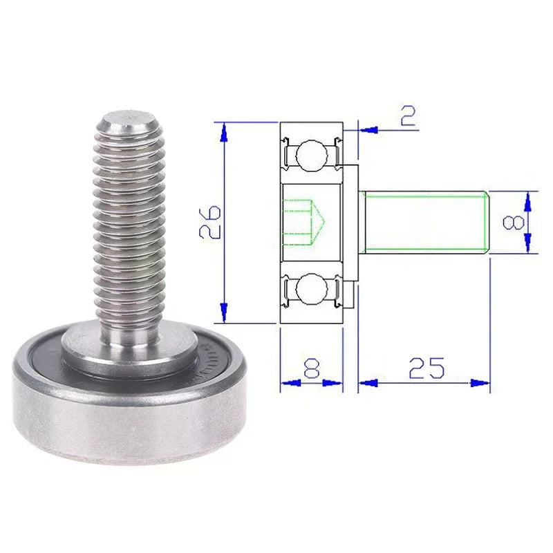 1/2Pcs Stainelss Steel M8 Thread Screw Roller Bearings, JS600026-8C2L25M8 OD 26mm for Door and Window Oasis Select