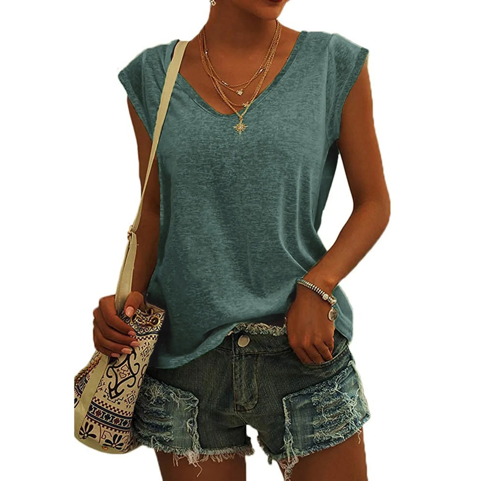 Summer Camisole Women'S V-Neck Vest Colored Cotton Solid Color T-Shirt Casual Sleeveless Vest Loose Top Fitted Vest Women'S Clot Oasis Select Green L