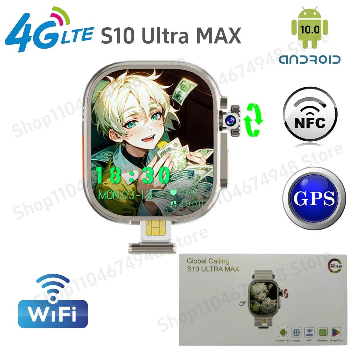 GOLDENSPIKE S10 Ultra MAX 4G Smartwatch Android Smart Watch With 448*528 180° Rotary Camera GPS WIFI Video Call NFC App Download Oasis Select