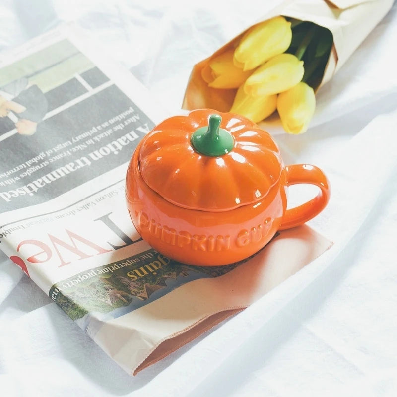 Ceramic Pumpkin Cup Thermos Cup with Lid Exquisite Breakfast Oatmeal Heat-Insulating Scalding-Proof Milk Mug Halloween Gift Cup Oasis Select