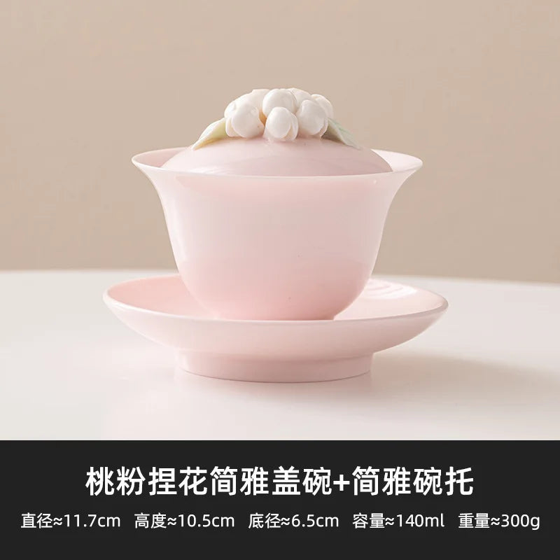 Peach Pink Pinch Flower Sancai Gaiwan Tea Cup Single High-end Handmade Household Ceramic Kung Fu Tea Set Tea Bowl Large Size Oasis Select No Specification Covered Bowl