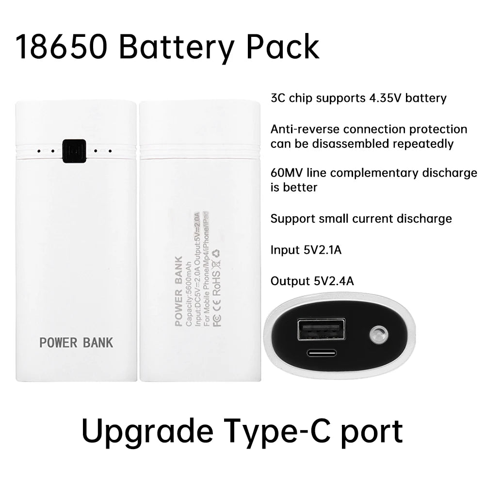 2x18650 Power Bank Battery Box Dual Type-C USB Charge Shell Soldering-free Mobile Power Case DC 5V 2.1A to 5V 2.4A Battery Case Oasis Select