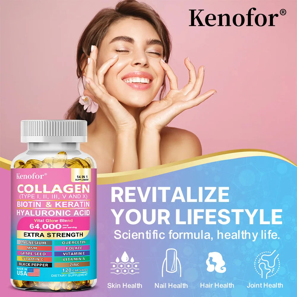 14 IN 1 Collagen Capsules - Biotin & Keratin Skin Care Product Booster Anti Aging Whitening Skin Nail and Hair Care Supplement Oasis Select