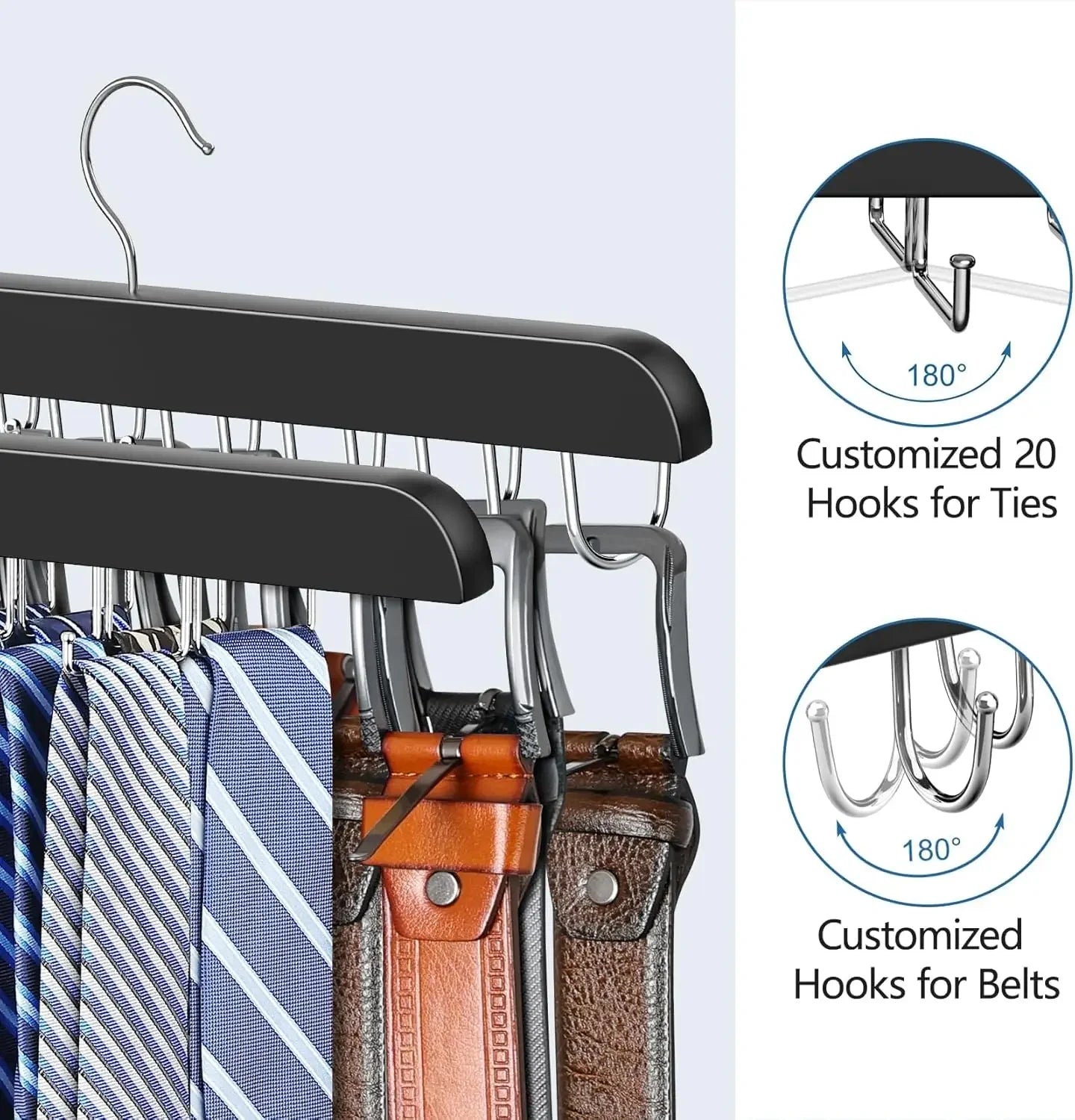 2pcs Men's Essential Tie and Belt Rack, Suitable for Closet Organization and Storage, Sturdy Wooden Belt and Tie Organizer Oasis Select
