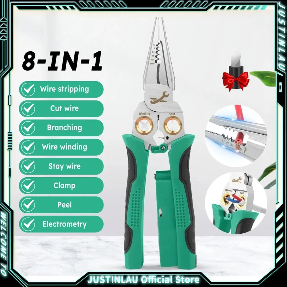 JUSTINLAU 8-in1 Electrician's Pliers Multi-function Wire Stripper Stainless Steel Needle-nose Pliers with Electrical Measurement Oasis Select