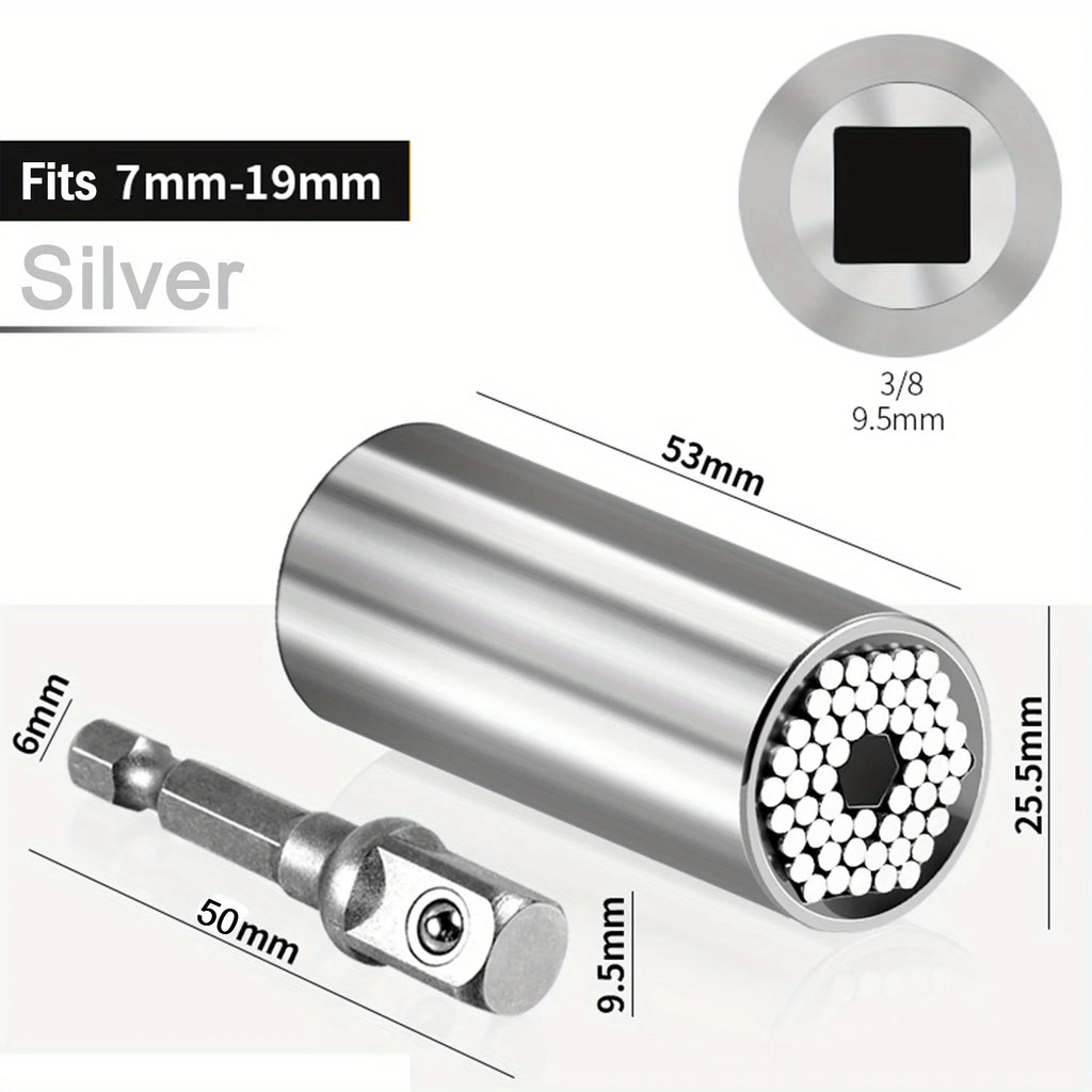 Universal Socket Wrench Set 7-19mm with 3/8-inch Professional Impact Socket Adapter Multi- Nut Tightening Quick Ratchet Stand Oasis Select Silver