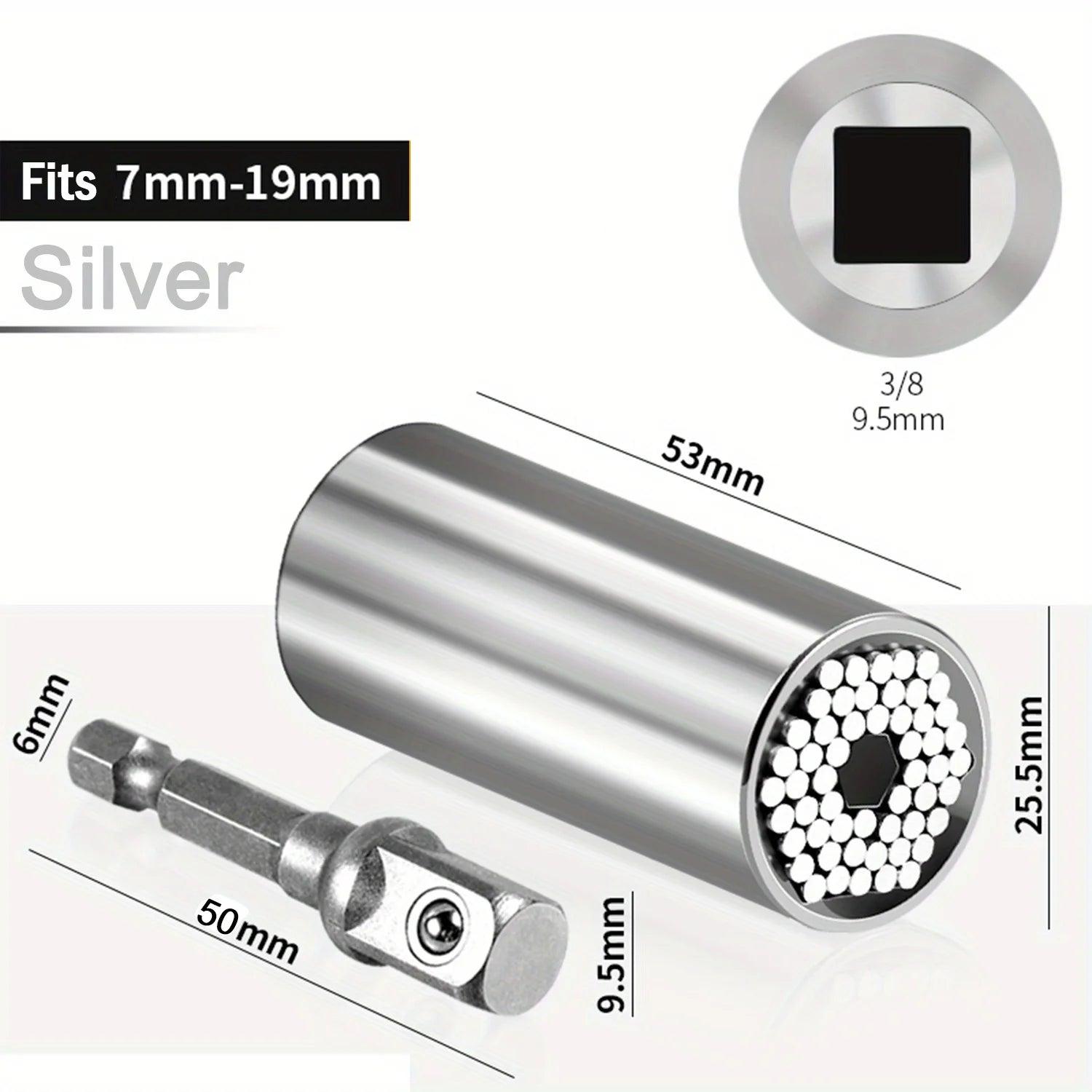 Universal Socket Wrench Set 7-19mm with 3/8-inch Professional Impact Socket Adapter Multi- Nut Tightening Quick Ratchet Stand Oasis Select Silver