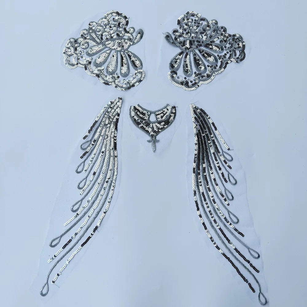Gold & Silver Sequin Embroidered Wing Patch Set | Organza Trim