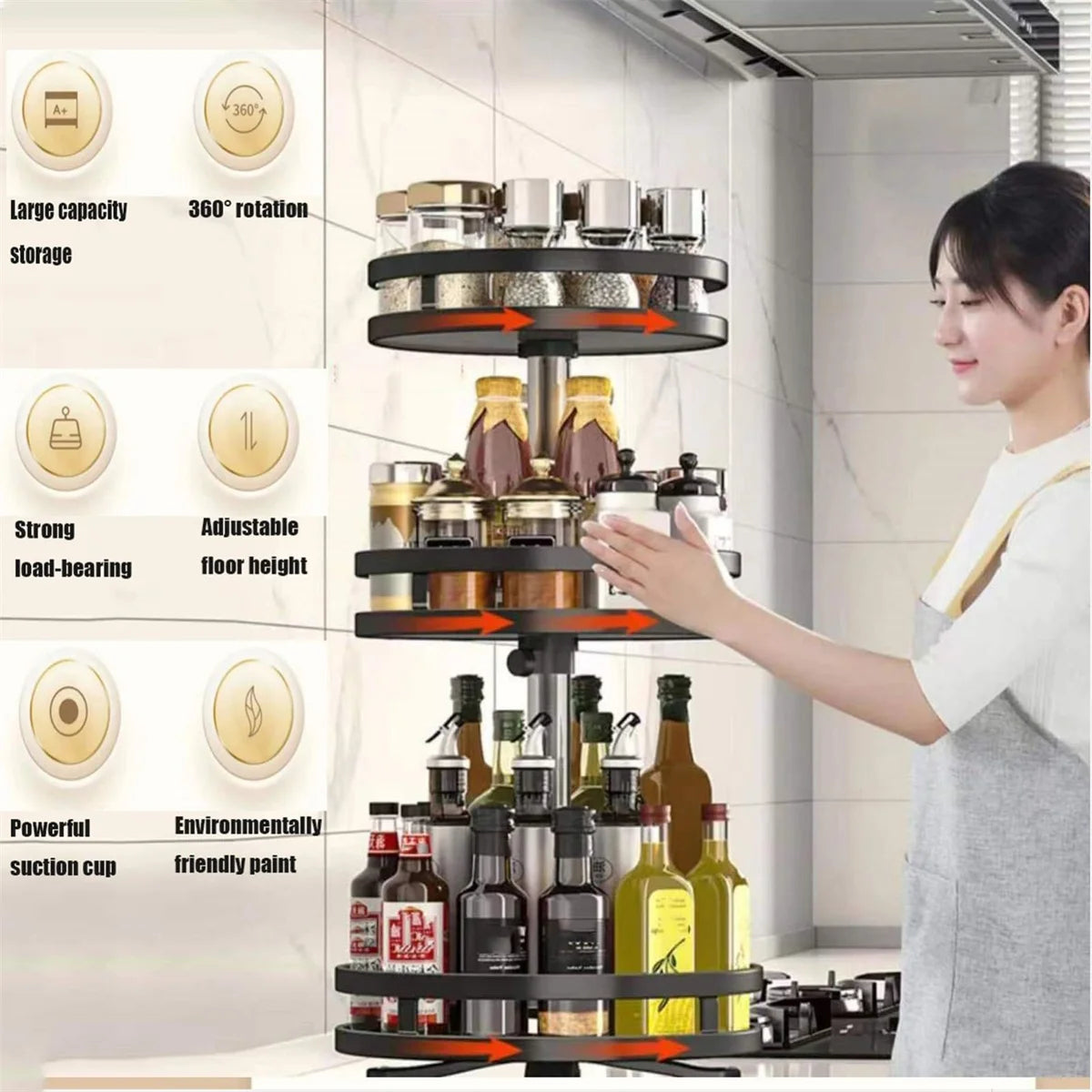 360° Rotation Carbon Steel Spice Rack Organizer Non-Skid Kitchen Storage Tray for Seasonings And Cans - Efficient Spice Oasis Select