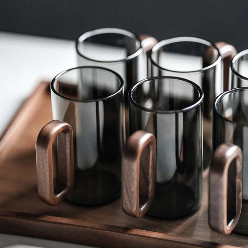 6pcs 360ml Premium High Borosilicate Heat-resistant Glass Set: Home Drinking Glasses with Wooden Handles, Stylish Tea Cups Oasis Select