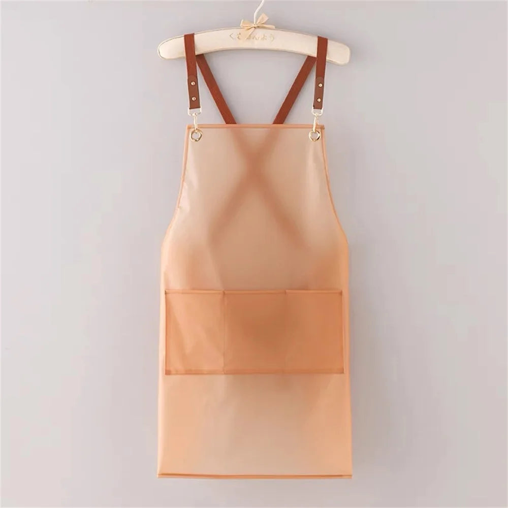 New Apron Waterproof And Oil-proof Strap Fashionable Korean-style Overalls Household Kitchen Cooking Women's TPU Work Clothes Oasis Select Pink 2