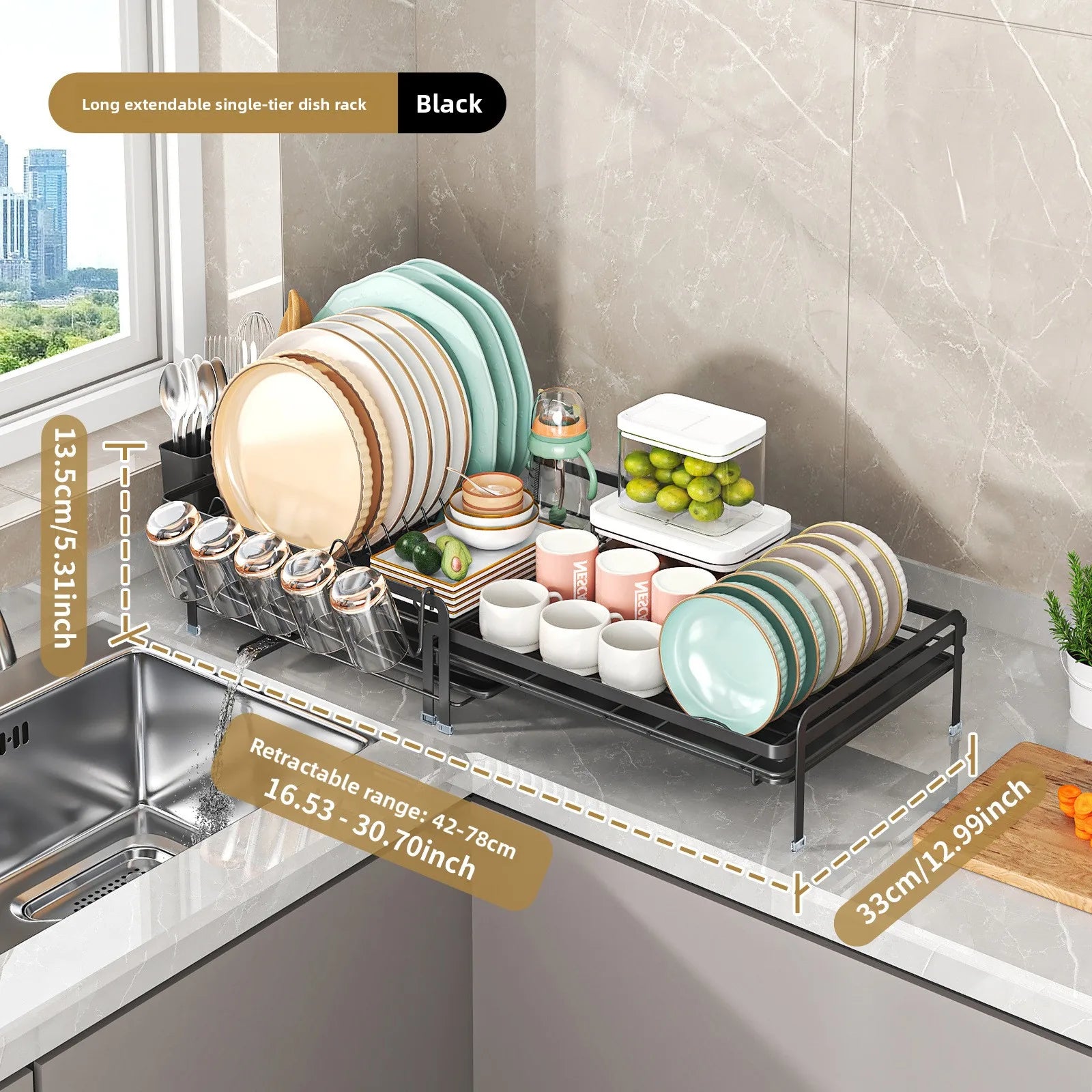 Kitchen Dish Drain Rack Multifunctional Tableware Storage Basket Cup Holder Sink Retractable Dish Storage Rack Oasis Select black