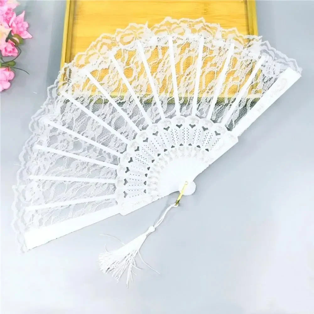 23 Colors Lace OR Cloth Spanish Fabric Silk Folding Hand Held Dance Fan Flower Party Wedding Prom Dancing Summer Fan Accessories Oasis Select White B