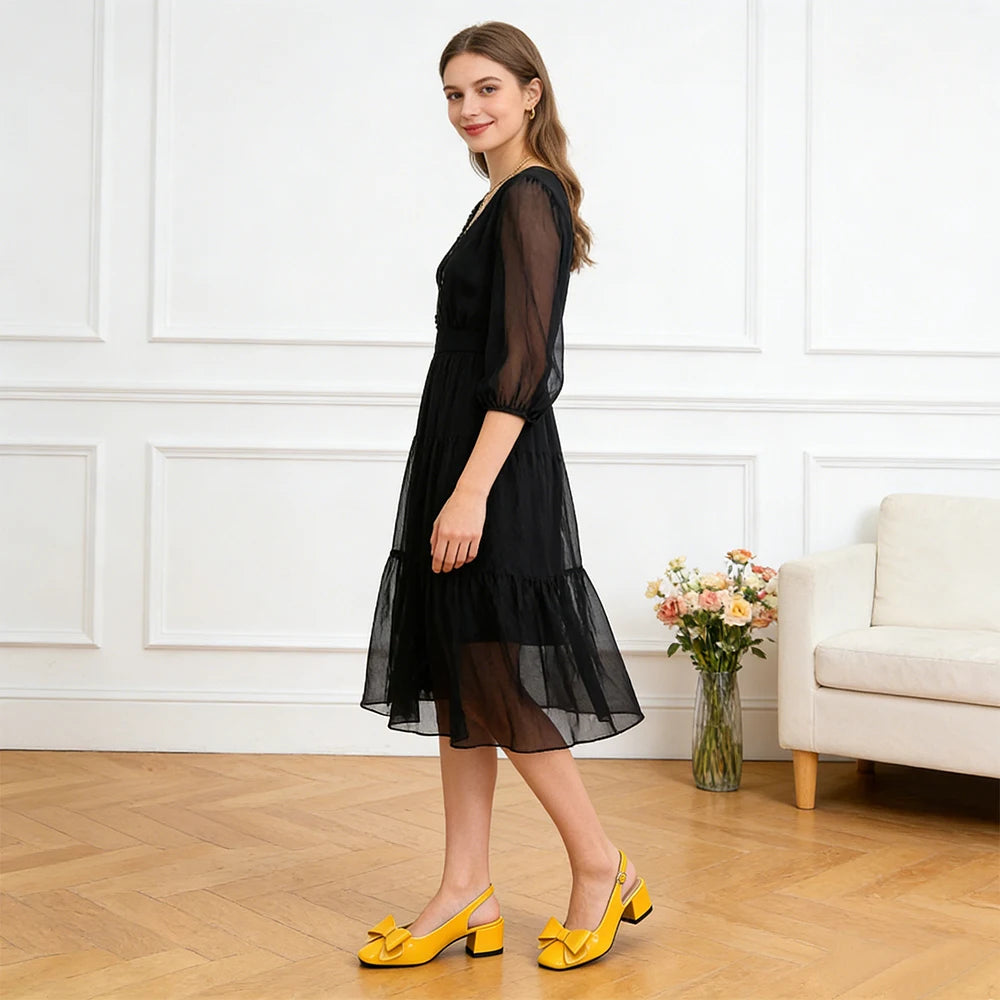 Women's sandals yellow bow accent minimalist chunky heel comfortable versatile elegant stylish high heels 1.98inch women's shoes Oasis Select