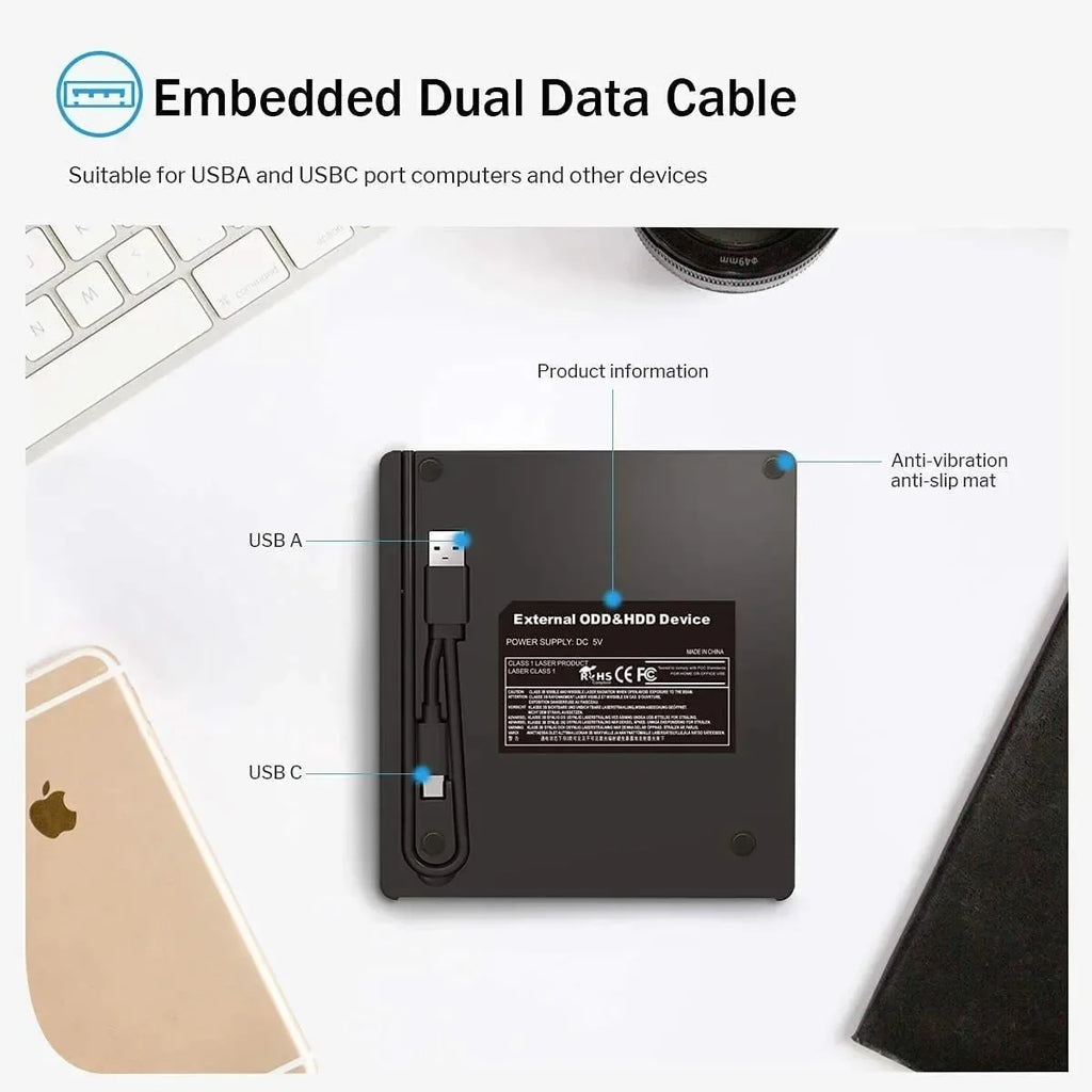 7 in 1 External CD/DVD Drive USB 3.0 Type C Portable DVD Player CD Burner External Disk Drive for Desktop Mac Windows Linux Oasis Select