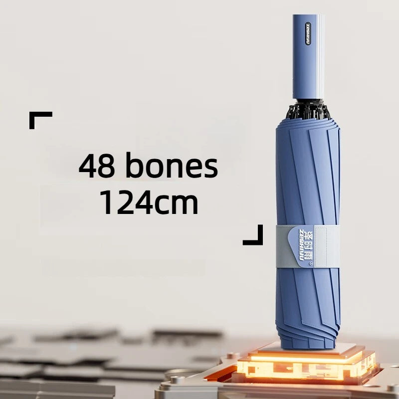 Fully Automatic Business Reverse Umbrella - Reinforced Thickened Unisex Windproof All-Weather Student-Specific Oasis Select 48 bone blue Aluminum 24K