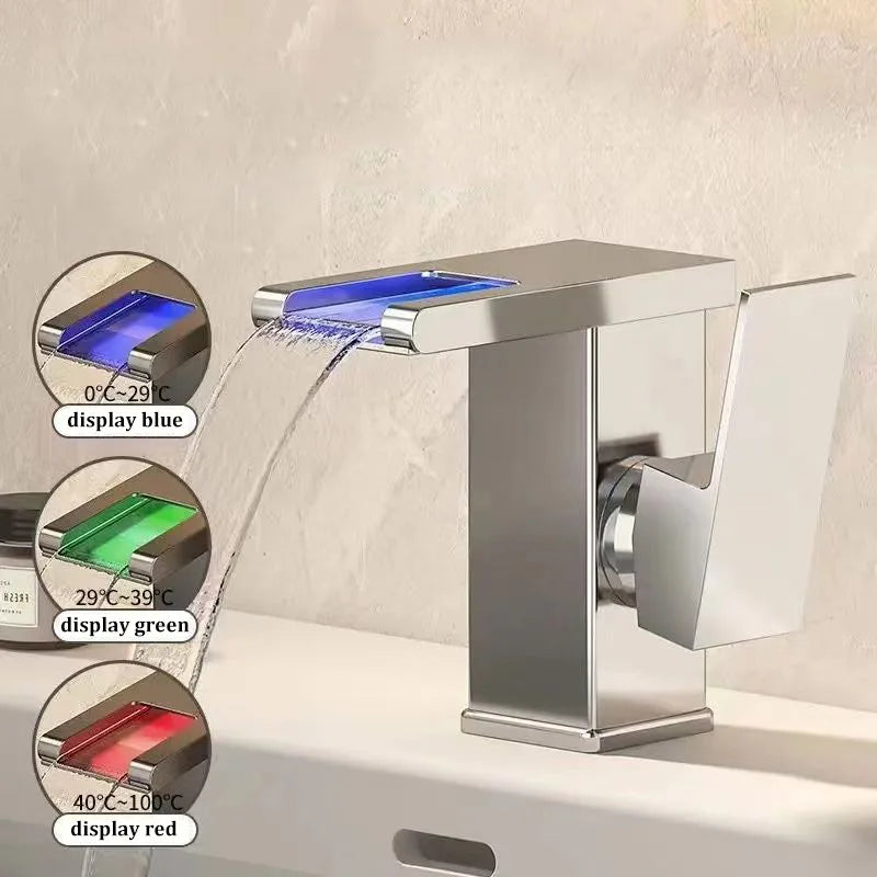3-Color LED Waterfall Bathroom Faucet | Hot & Cold Brass Tap