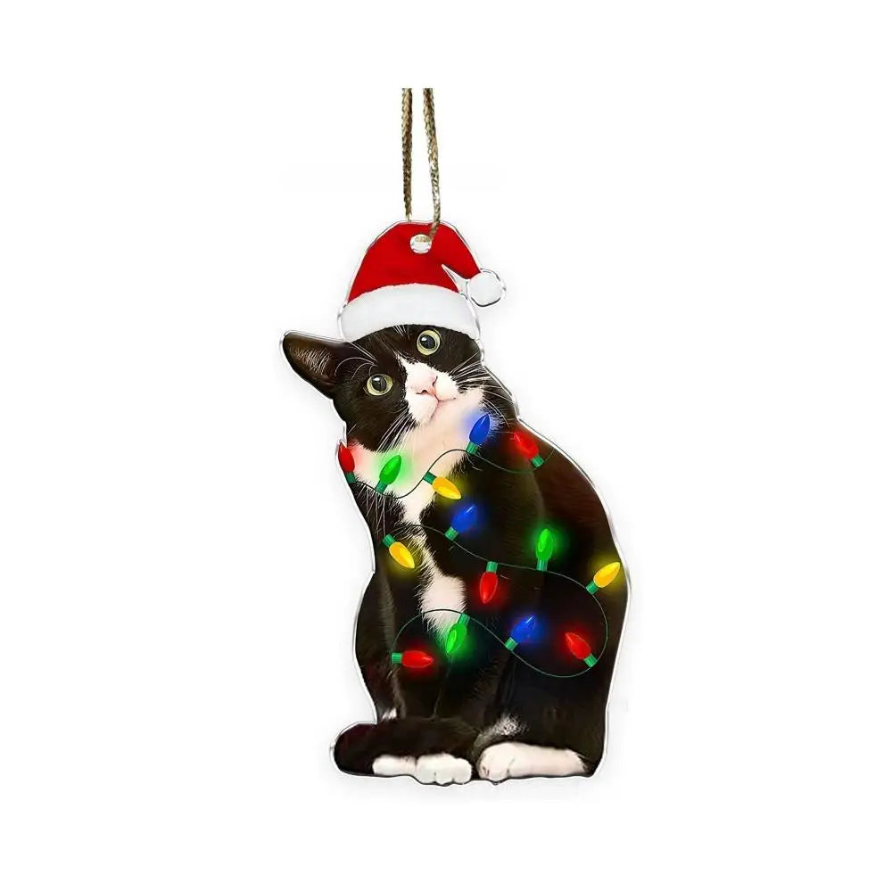2D Acrylic Funny Cat Christmas Ornament | Santa Hat Pendant