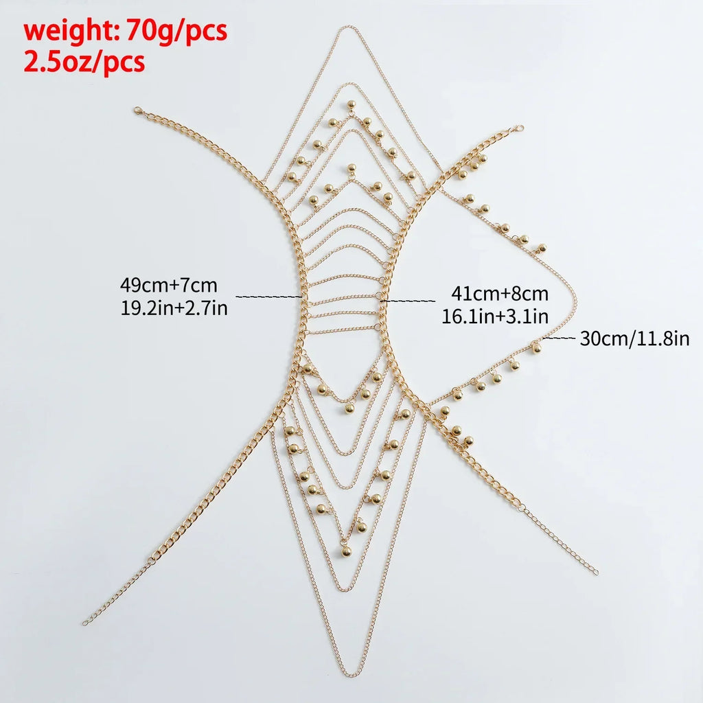 Fashionable Multi-layer Tassel Metal Ball Shoulder Chain Body Chain Personalized Spicy Girl Chest Chain Accessories Oasis Select metal GOLD