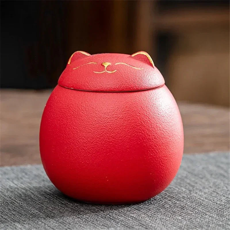 230ML Tea Storage Jar Cute Pets Gradient Color Ceramics Jar Cat Tea Can Moisture Proof Household for Candy Sealed Storage Box Oasis Select Red