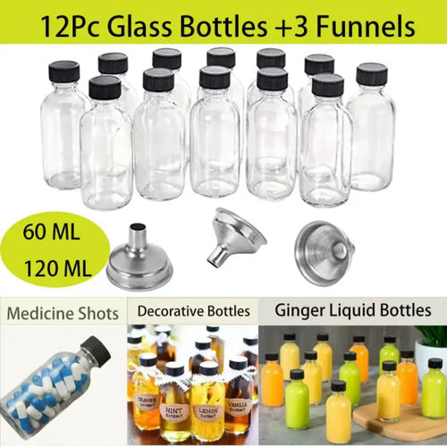 12-Pack 2oz Clear Glass Bottles with Lids & Funnels – 60ml Glass Bottle Set Oasis Select