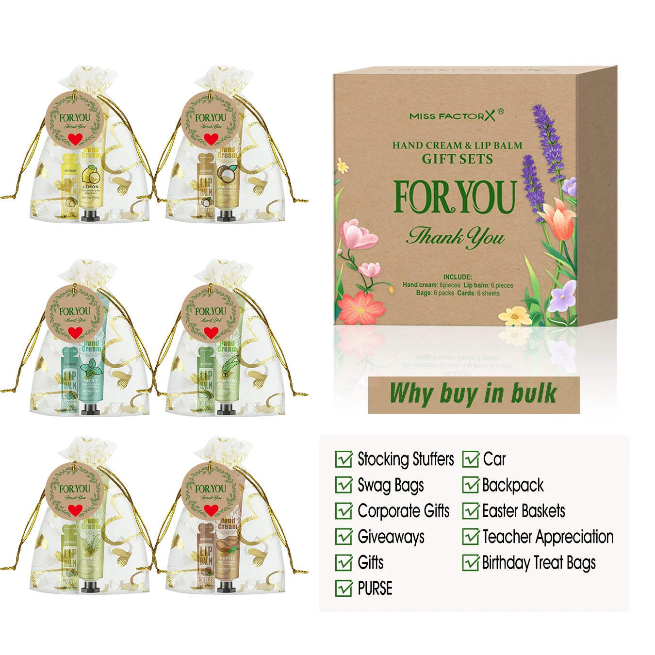 6 sets/box wedding companion gift set, hand cream set lip balm set, love thank you card and love gauze bag, party gift distribut Oasis Select