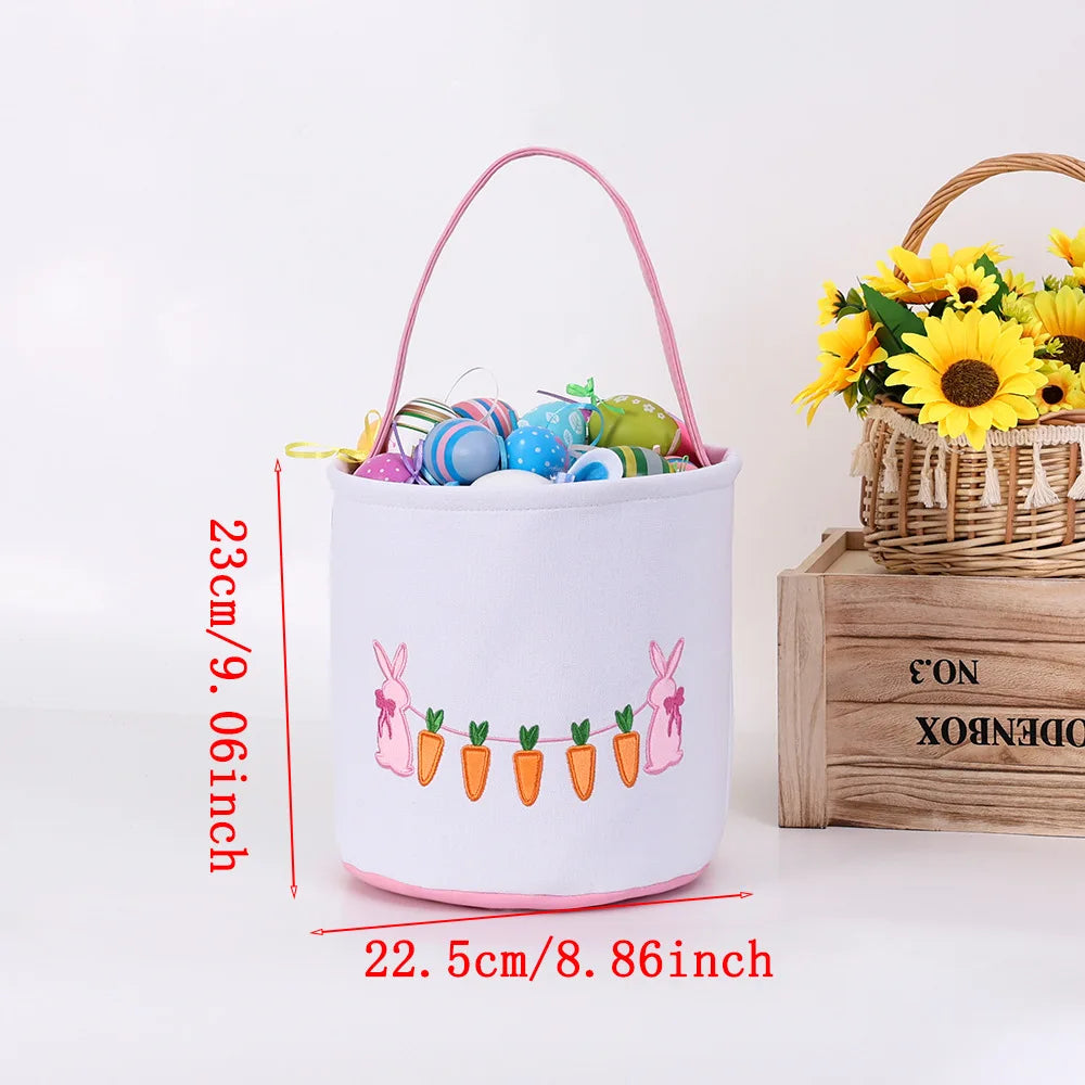 Easter Egg Handheld Storage Basket, Canvas Easter Bunny Bags Eggs Hunting Carry and Candy Gift Bag Rabbit Print for Easter Party Oasis Select