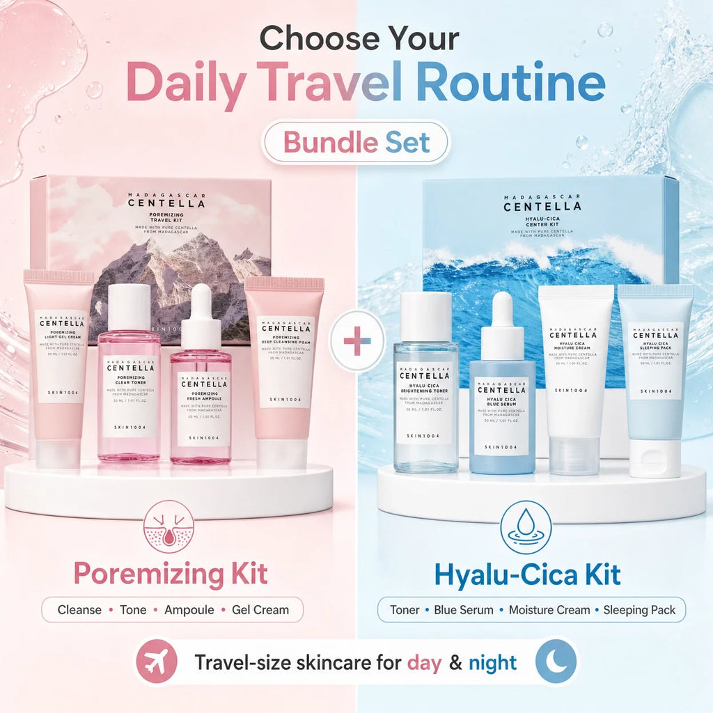 Centella Hyalu-Cica and Poremizing Travel Kit,Toner, Ampoule Serum,Face Moisturizer Cream and Night Sleeping Pack Mini 4pcs Set Oasis Select