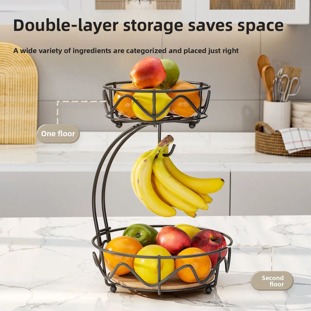 Wrought iron fruit basket wooden bottom snack storage fruit plate banana hook round removable fruit and vegetable storage basket Oasis Select