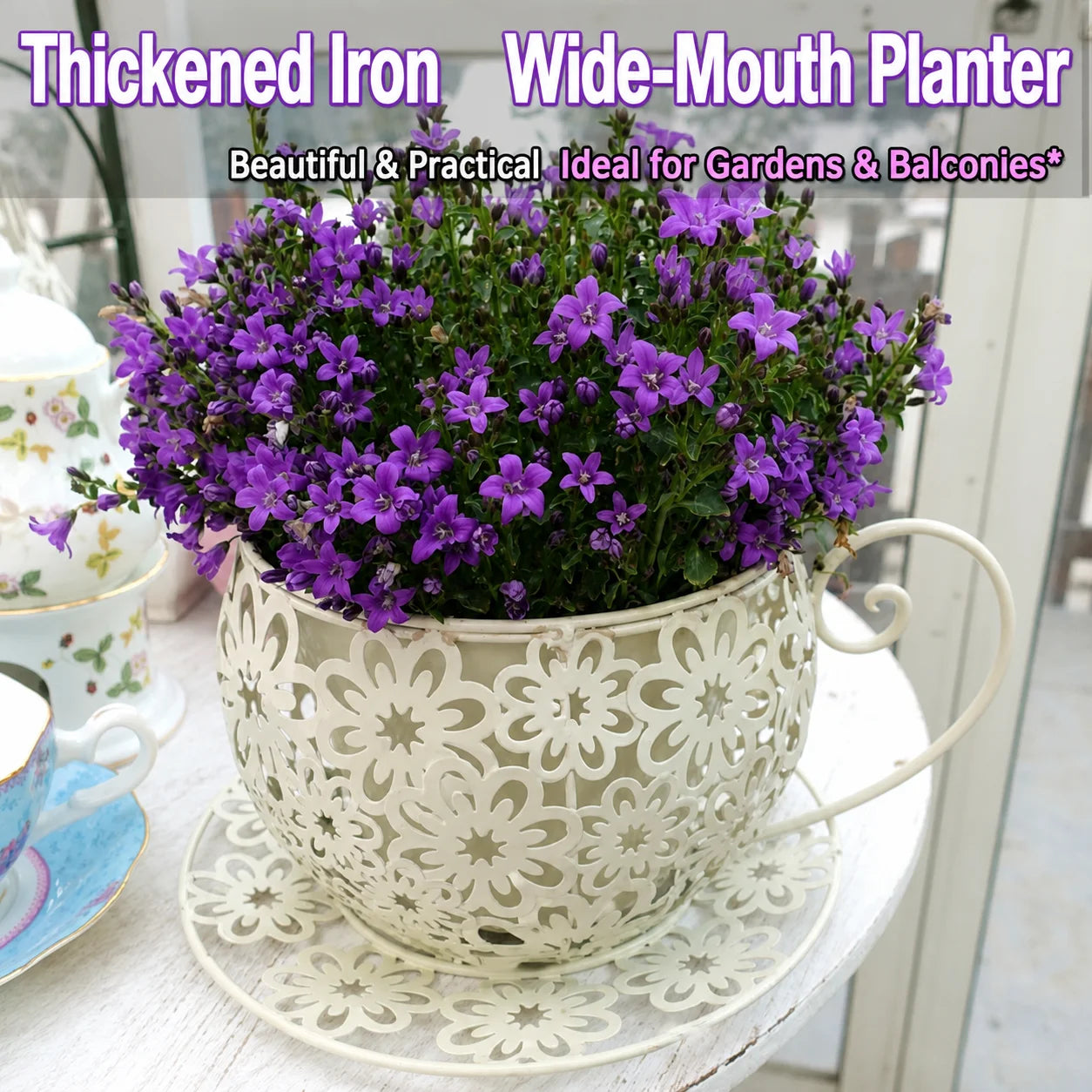 Outdoor Wrought Iron Teacup Shape Flower Pot Accessories Villa Garden balcony Table Ornaments Crafts Courtyard Items Decoration Oasis Select