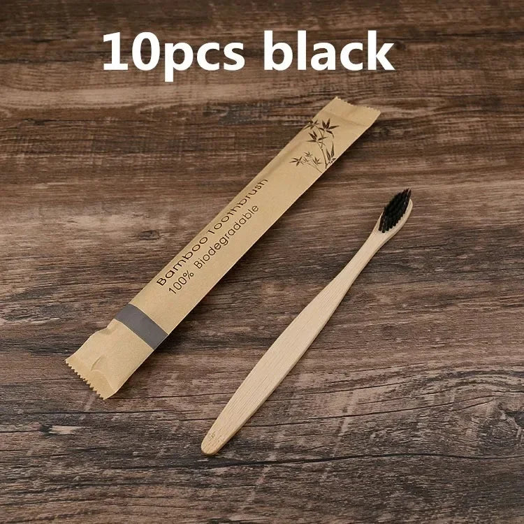 10Pcs Eco friendly toothbrush Bamboo Resuable Toothbrushes Portable Adult Wooden Soft Tooth Brush for Home Travel Hotel use Oasis Select 10pcs black