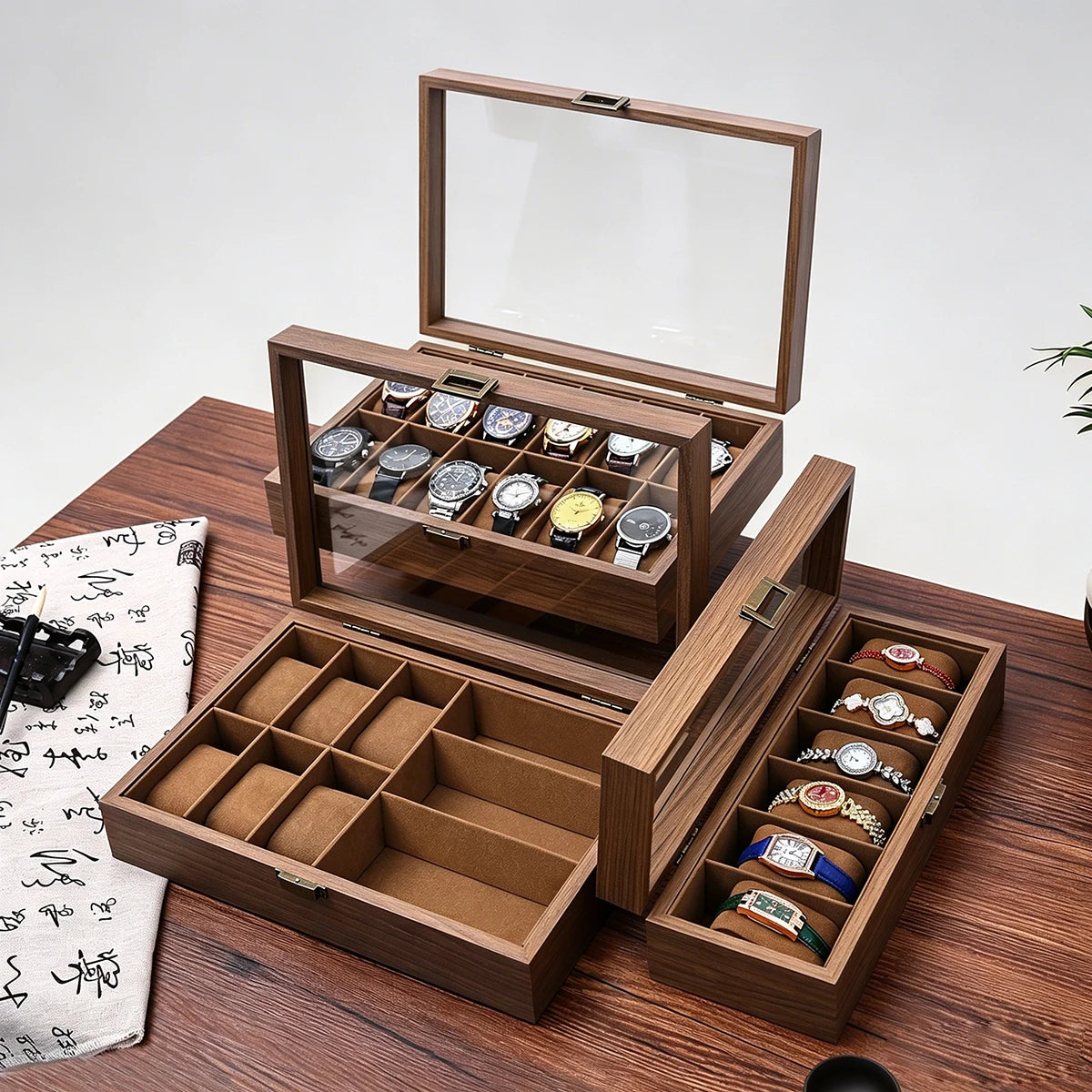 1pc Multi grid wooden watch box with glass cover adjustable jewelry storage box glasses bracelet velvet watch display box Oasis Select