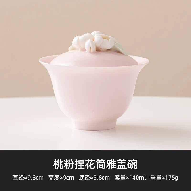 Peach Pink Pinch Flower Sancai Gaiwan Tea Cup Single High-end Handmade Household Ceramic Kung Fu Tea Set Tea Bowl Large Size Oasis Select No Specification Ercai Covered Bowl 1