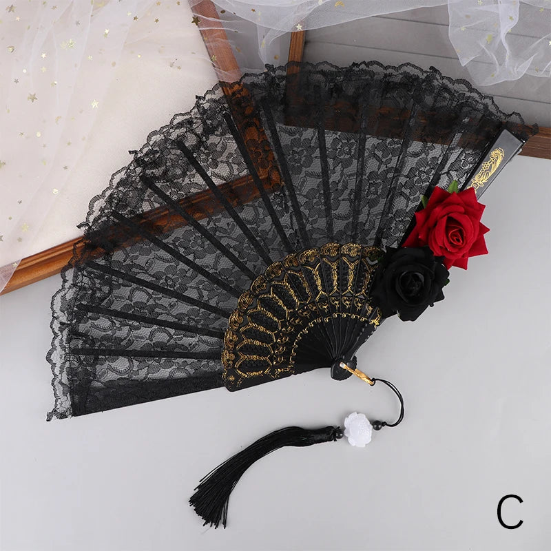 Ladies Lace Folding Hand Fan with Tassels | Wedding & Dance