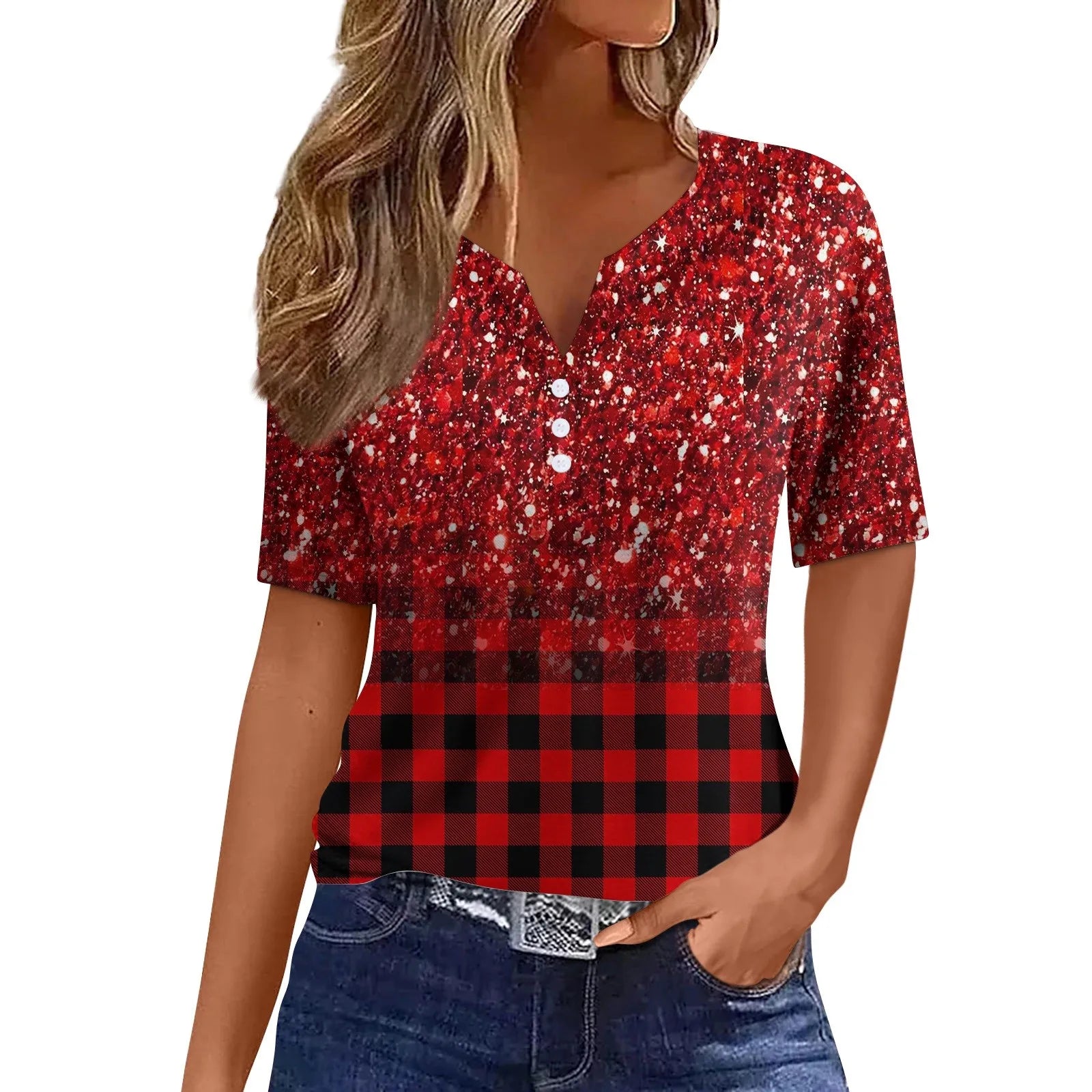 2024 Summer Patchwork T-Shirts Button Tops Womens Casual Short Sleeve Loose Ladies V-Neck Female Street Clothes Pullover Oasis Select