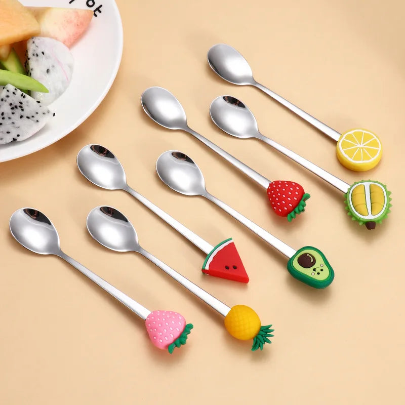 7Pcs Stainless Steel Fruit Shaped Coffee Spoons Fruit Dessert Spoon Fork Candy Tea Spoon Drink Tableware Kitchen Supplies Oasis Select 7Pcs-Spoon