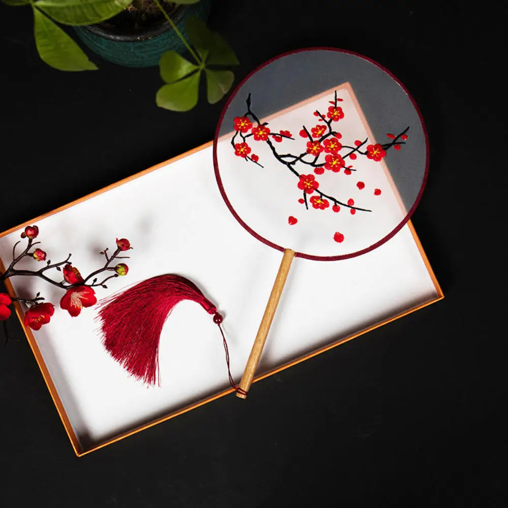 China Fan Wholesale Semi-Transparent Long Handle Tassel Dance Fan Female Costume Hanfu Cheongsam Embroidery Small Round Fan Oasis Select A2