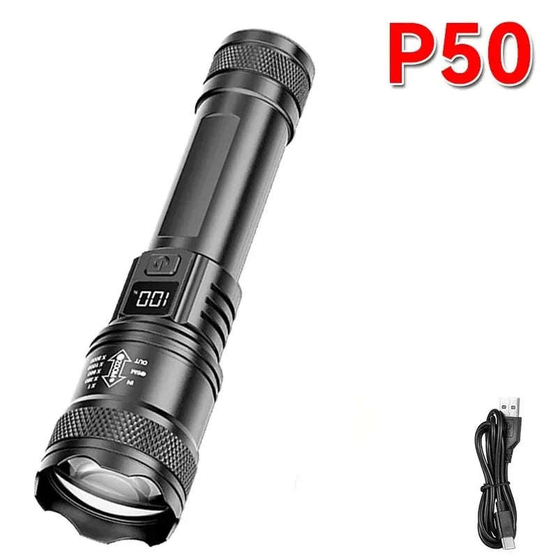 Ultra-bright LED Zoomable Flashlight Type-C Rechargeable Tactical Torch Red Blue Double Flash Outdoor Camping Emergency Lantern Oasis Select P50 flashlight