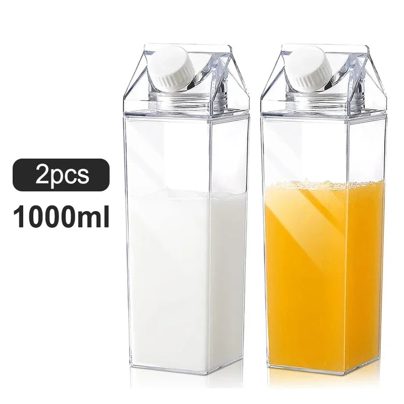 1pcs Milk Carton Water Bottle Transparent Plastic Square Milk Orange Juice Tea Container Box Sport Cup for Sports Travel Camping Oasis Select