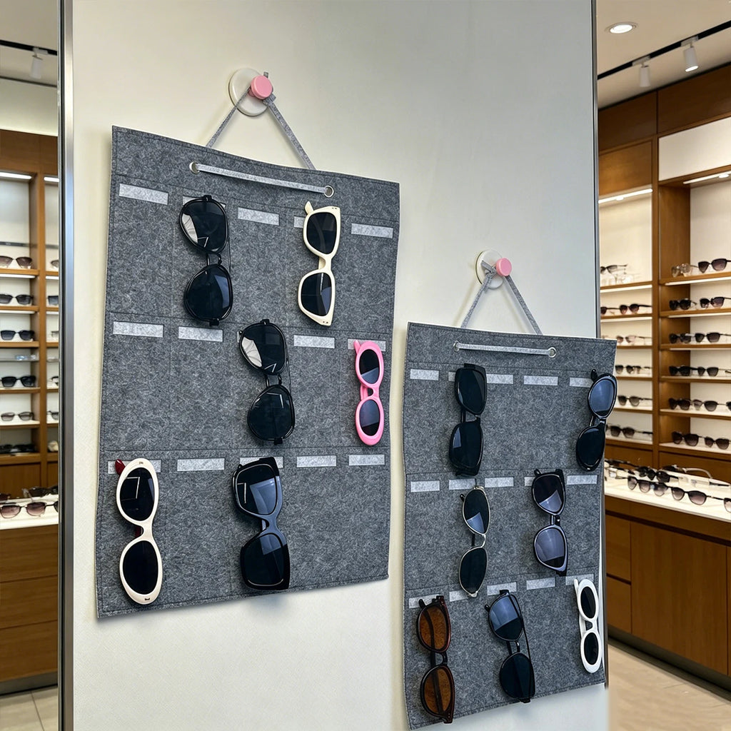 1pc foldable portable gray felt glasses storage bag saves space 15 vertical independent pockets and a mesh glasses display bag Oasis Select