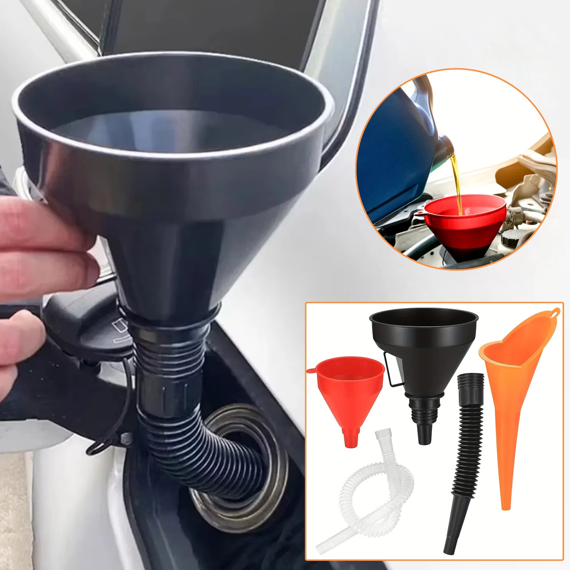 Funnel-3 piece car or motorcycle funnel set - plastic oil funnel right angled funnel - detachable nozzle and filter Oasis Select