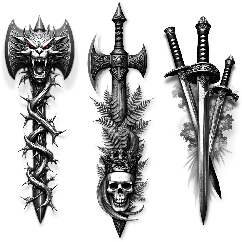 3-Pack Waterproof Temporary Tattoos – Skull & Sword Body Stickers