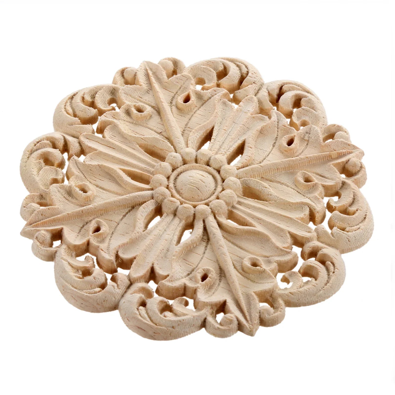 1 PC Retro Woodcarving Unpainted Solid Wood Round Applique Decorative Engraving Furniture Decoration for Wall Door Windows Oasis Select 10cm
