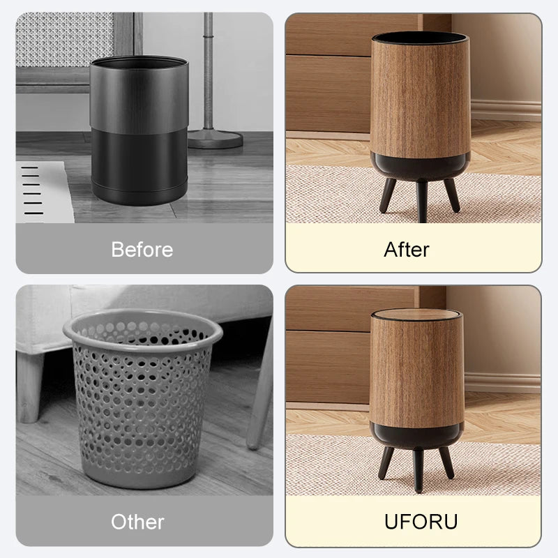 Wood-grain trash can, classical-style trash can with feet, clamshell non-bending trash can, suitable for living room, kitchen, Oasis Select