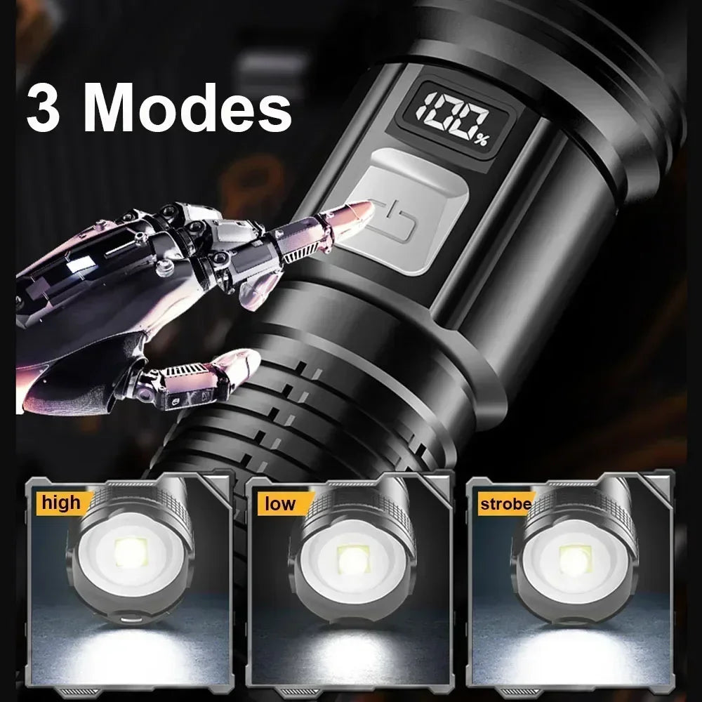 High Strong Power Led Flashlights 2000LM Tactical Torch with Display Light USB Charging Camping Fishing Emergency Zoom Lantern Oasis Select