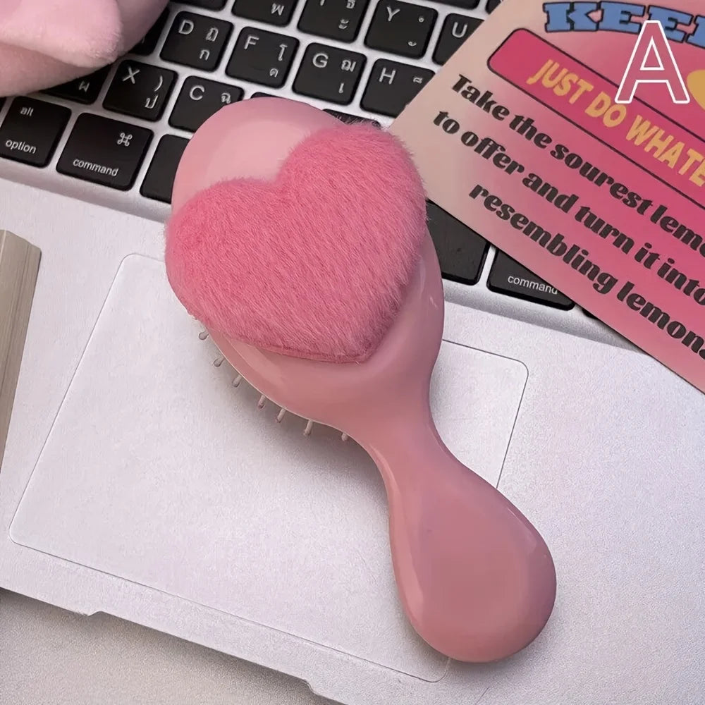 Plush Heart Mini Hair Brush & Mirror Set – Portable Pink Mini Hair Brush Set Oasis Select SZ329-Handlecomb