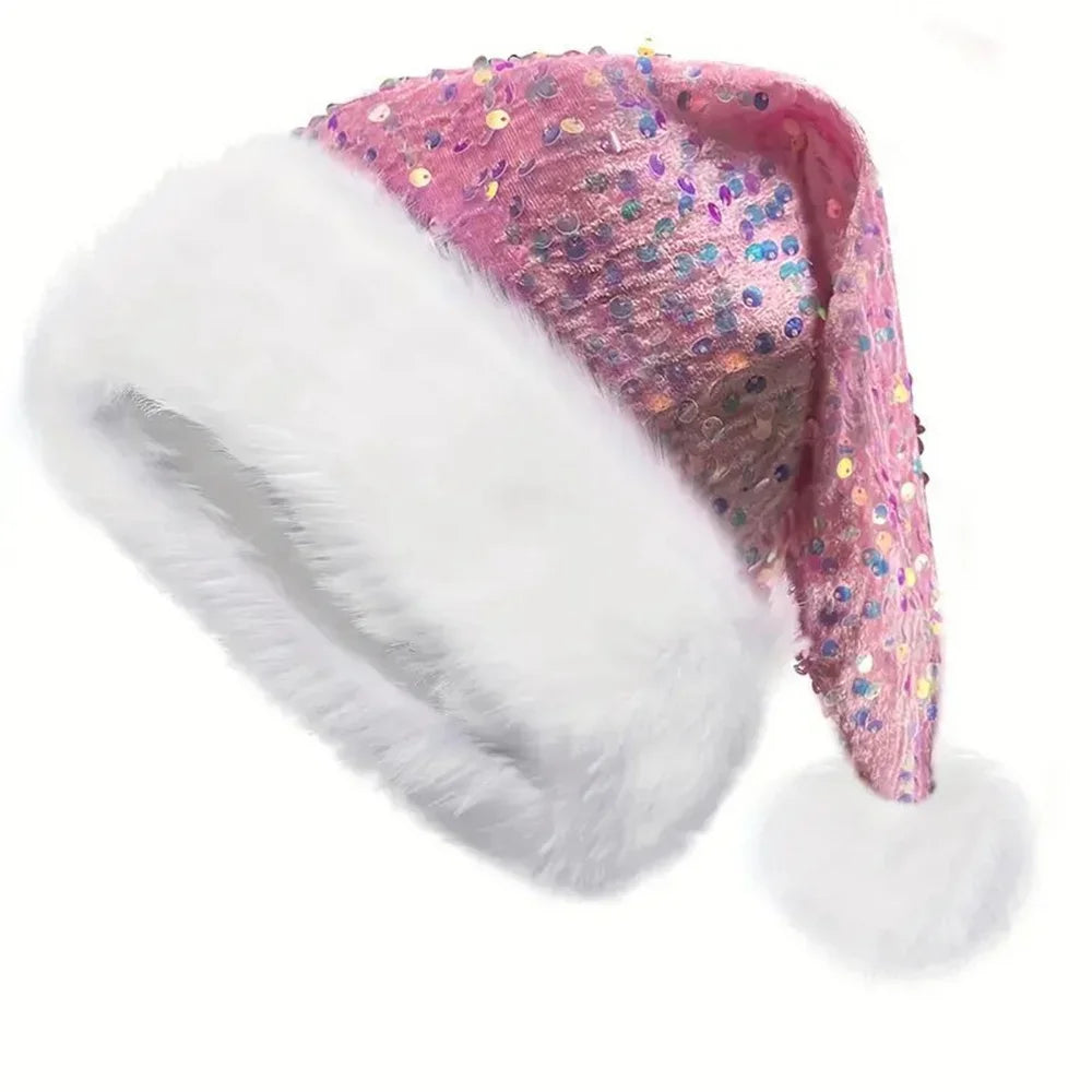 Double-Layer Sequin Santa Hat with Fluffy Pompom | Adults & Kids