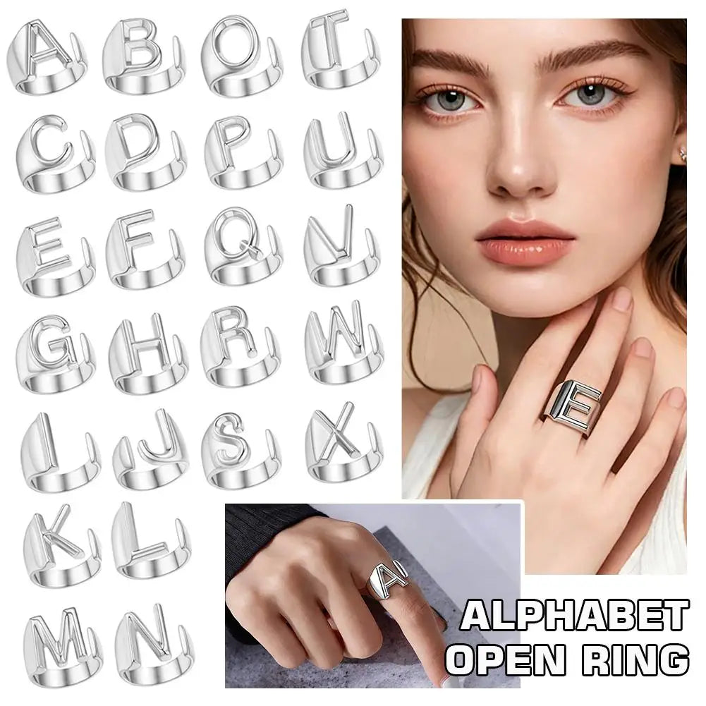 A-Z Initial Letter Ring – Adjustable Silver Open Ring for Women